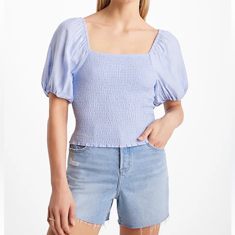 Express Light Blue Smocked Puff Sleeve square neck Women's Top blouse Sz M